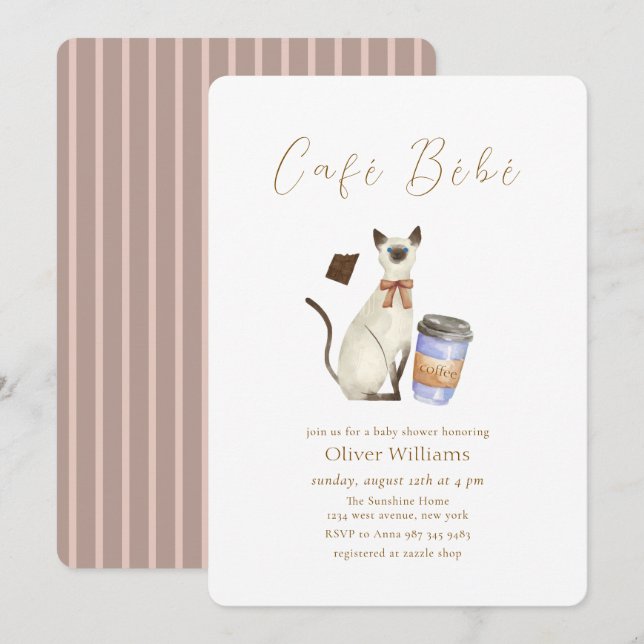 Neutral Café Bébé Katt Kaffe  Barnkalas Inbjudningar (Fram/baksida)