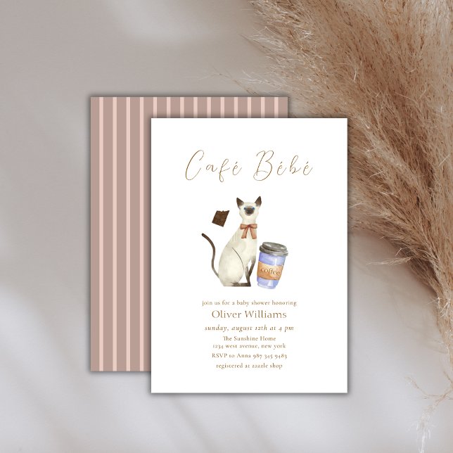 Neutral Café Bébé Katt Kaffe  Barnkalas Inbjudningar (Neutral Café Bébé Cat Coffee Baby shower Invitation)
