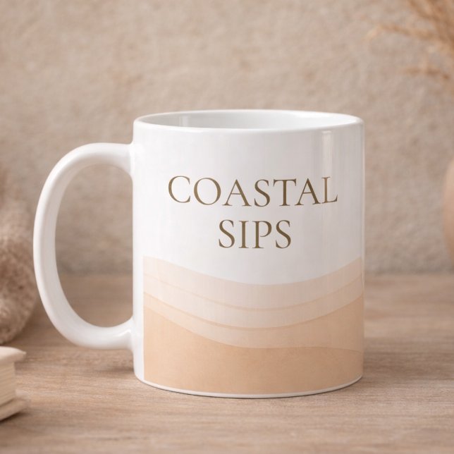 Neutral Coastal Sips Klassisk Mugg, 11 oz Kaffemugg (White and taupe coastal coffee accent with clean serif quote detail)