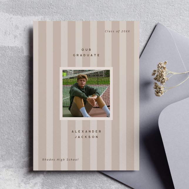 Neutral Color Sporty Stripes Graduation Photo  Meddelande (neutral sporty stripes modern graduation photo announcement card)