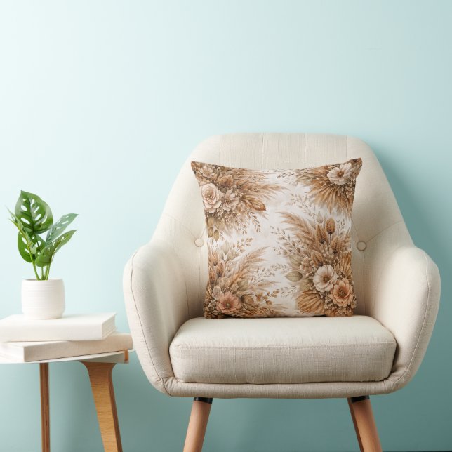 Neutral Crème & Karamell Boho Blommönster Kudde (Stol)