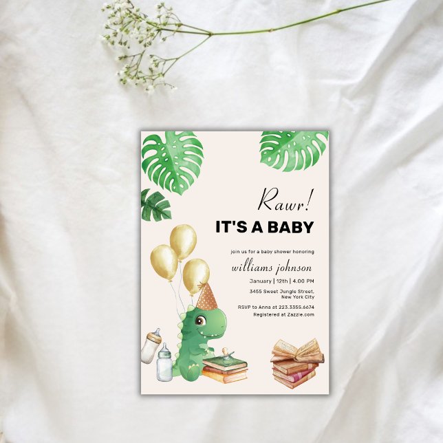 Neutral Dinosaur Saga Ballong Baby Shower Inbjudningar (Neutral Dinosaur Storybook Balloon Baby Shower Invitation)
