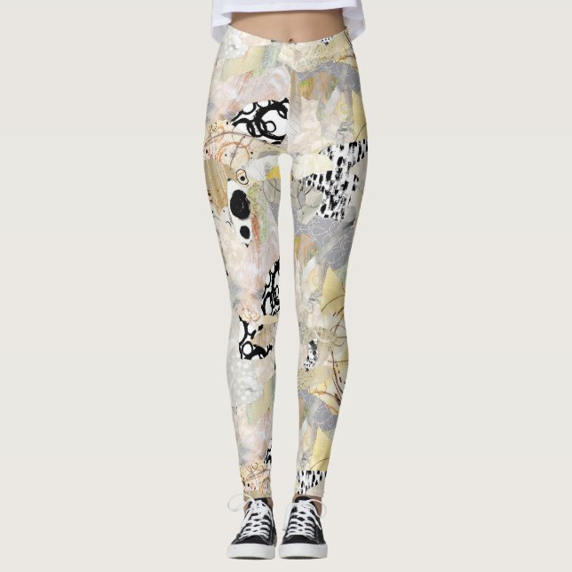 Neutral Elegant Abstract Collage Design Leggings (Framsida)