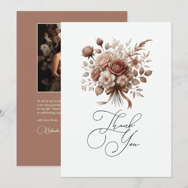 Neutral Elegant Mokka Mousse Blommig Tack Kort (Fram/baksida)