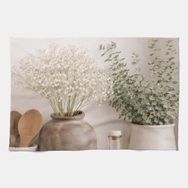 Neutral Farmhouse Kitchen Towel Wildflower Floral Kökshandduk (Horisontell)