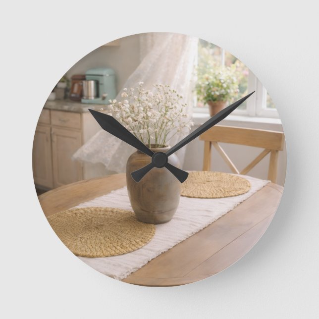 Neutral Farmhouse Wildflower Kitchen Wall Clock Rund Klocka (Framsida)