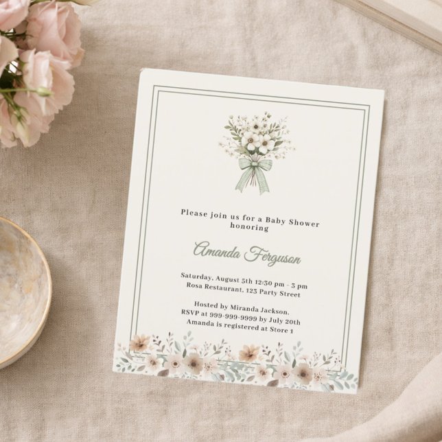 Neutral florals green ivory Baby Shower invitation (Skapare uppladdad)