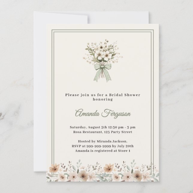 Neutral florals green ivory Bridal Shower Inbjudningar (Framsida)