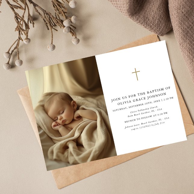 Neutral fotodobaptism i guld Black & White Gender  Inbjudningar (Skapare uppladdad)