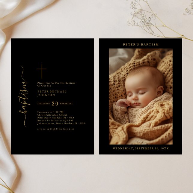 Neutral fotodobaptism med enkelt svart och Guld Inbjudningar (Skapare uppladdad)