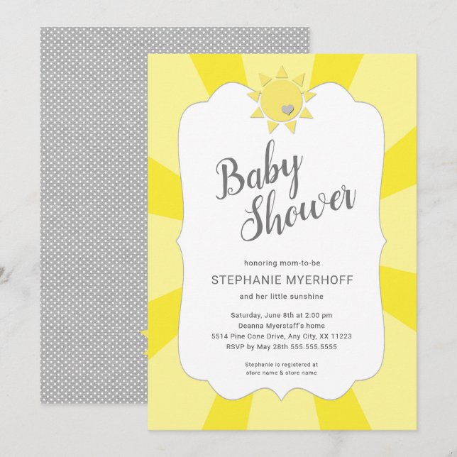Neutral genderbaby shower för solsken, gultgrått inbjudningar (Fram/baksida)