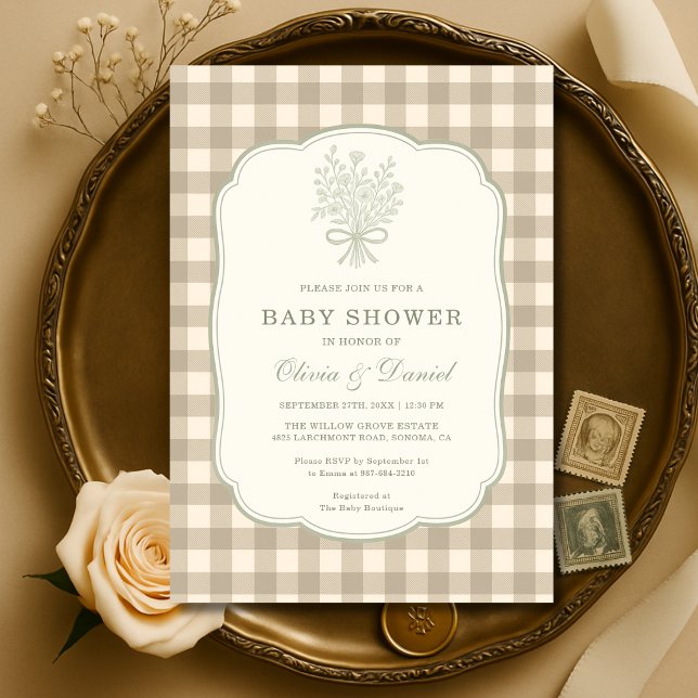 Neutral Gingham Blommig Båge Par Baby Shower Inbjudningar (Skapare uppladdad)