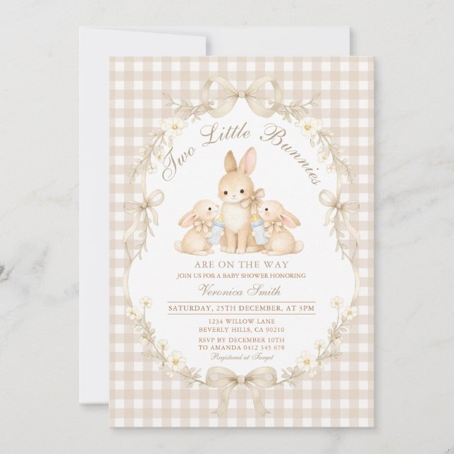 Neutral Gingham Bunnies Twins Baby Shower Inbjudningar (Framsida)