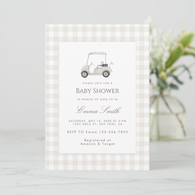 Neutral Gingham Golf Cart Baby Shower Inbjudningar (Stående Fram)