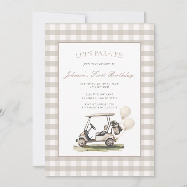 Neutral Gingham Golf Cart Pojke Födelsedag  Inbjudningar (Framsida)