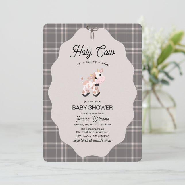 Neutral Gingham Heliga Ko Gårdsdjur Baby Shower  Inbjudningar (Stående Fram)