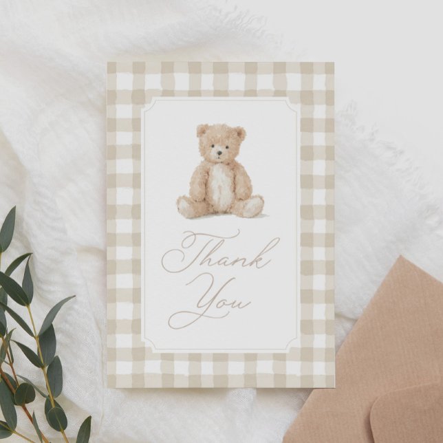 Neutral Gingham Teddy Bear Baby Shower Tack Kort (Skapare uppladdad)