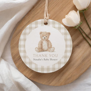 Neutral Gingham Teddy Bear Bebis Shower Gåvor Etiketter