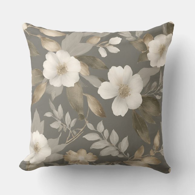Neutral Grå Beige Kräm Modernt Bondgård Blommig Kudde (Framsida)