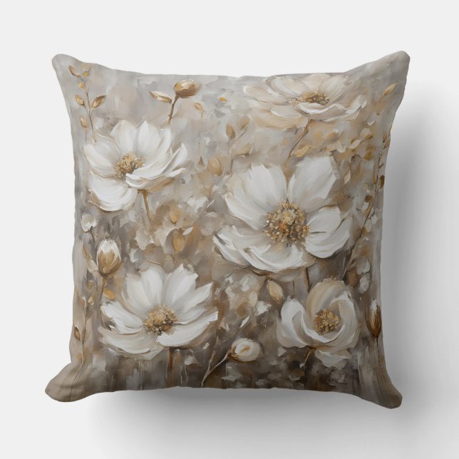 Neutral Grå Beige Taupe Akvarellblomma Kudde (Framsida)