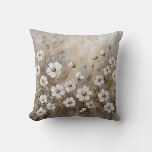 Neutral Grå Guld Taupe Blommig Kudde (Framsida)