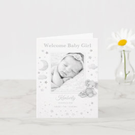 Neutral Gray Elephant Baby Girl Birth Announcement Kort