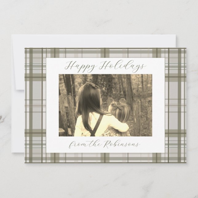Neutral Green Plaid Holiday Card (Landscape) Julkort (Framsida)