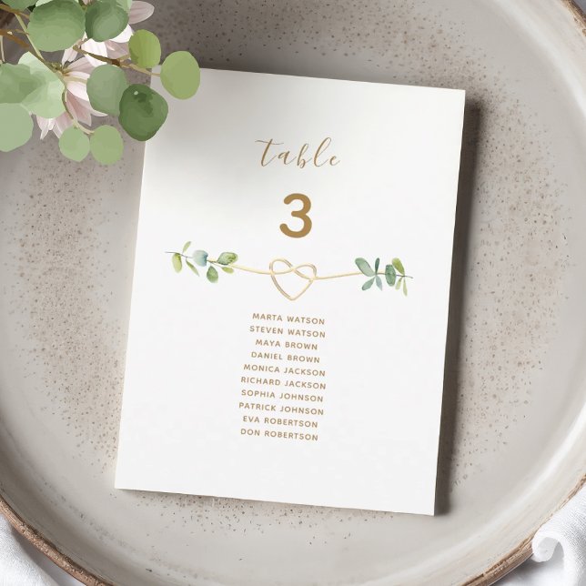 Neutral Greenery Gold Heart Wedding Seating Chart (Skapare uppladdad)