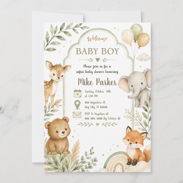 Neutral grön safari baby shower inbjudan (Framsida)