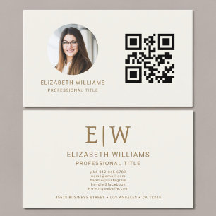 Neutral Guld QR-kod Foto Monogram Visitkort