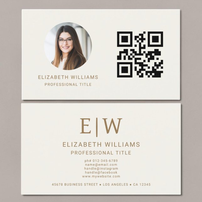 Neutral Guld QR-kod Foto Monogram Visitkort (Skapare uppladdad)