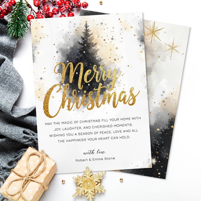 Neutral julkort med vattenfärg och guld för glada  inbjudningar (Elegant Christmas Card)