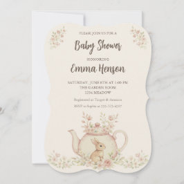 Neutral kanin & blomkruka för baby shower  inbjudningar