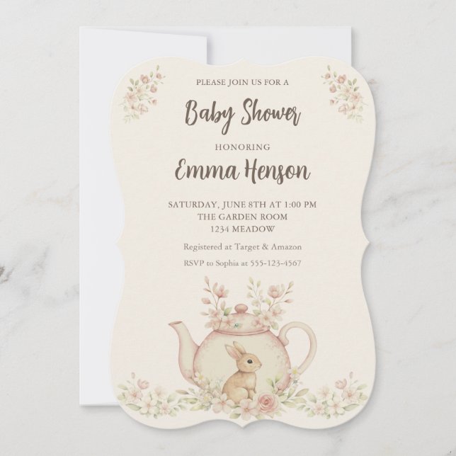 Neutral kanin & blomkruka för baby shower  inbjudningar (Framsida)