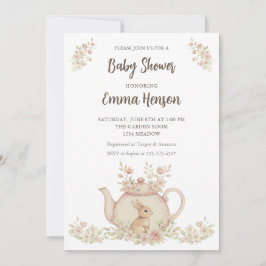 Neutral kanin & blomkruka för baby shower  inbjudningar