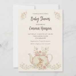 Neutral kanin & blomsterte-kopp Baby Shower  Inbjudningar