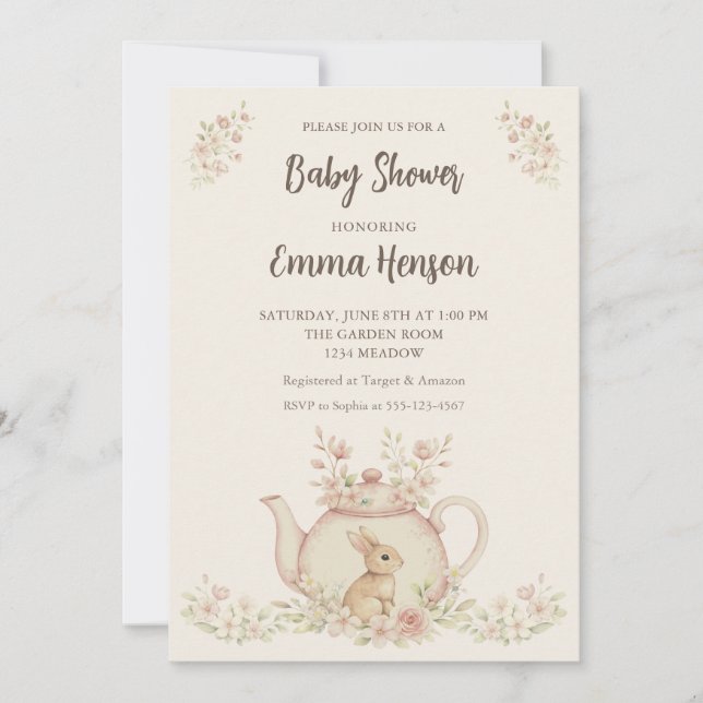 Neutral kanin & blomsterte-kopp Baby Shower  Inbjudningar (Framsida)