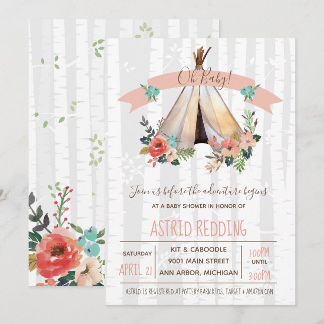 Neutral lantlig baby shower för Boho Teepeegender Inbjudningar (Fram/baksida)