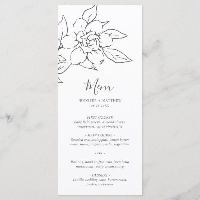 Neutral Linje Konst Blommig Elegant Bröllop Meny (Framsida)