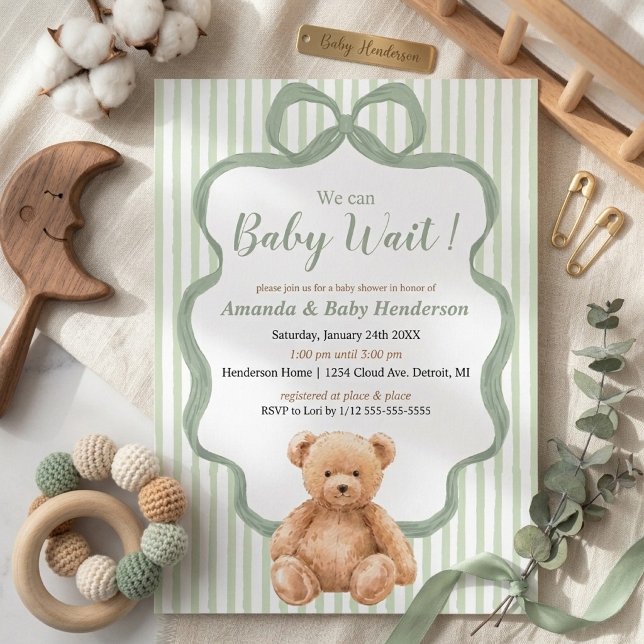 Neutral Ljusgrön Nalle Babyshower  Inbjudningar (Skapare uppladdad)