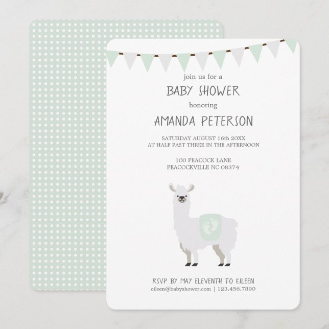 Neutral Llamababy shower för grön & benvit gender Inbjudningar (Fram/baksida)
