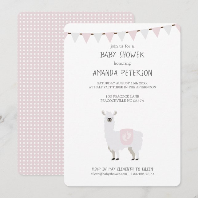 Neutral Llamababy shower för rosa & benvit gender Inbjudningar (Fram/baksida)