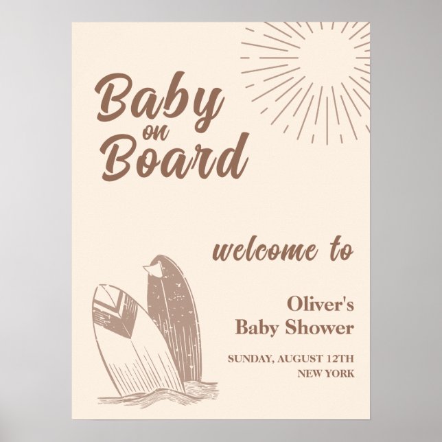 Neutral Minimal Boho Surfbräda Baby Shower Välkoms Poster (Framsidan)
