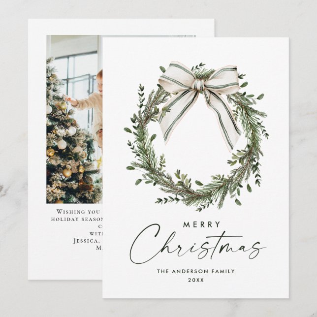 Neutral Minimalist Boho Christmas Wreath Photo Julkort (Fram/baksida)