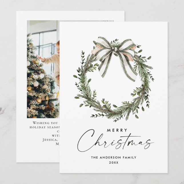 Neutral Minimalist Boho Christmas Wreath Photo Julkort (Fram/baksida)