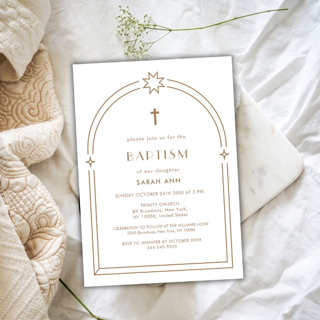 Neutral, minimalistisk Boho Arch Kor-baptism Inbjudningar (Gender Neutral Minimalist Boho Arch Cross Baptism Invitation)