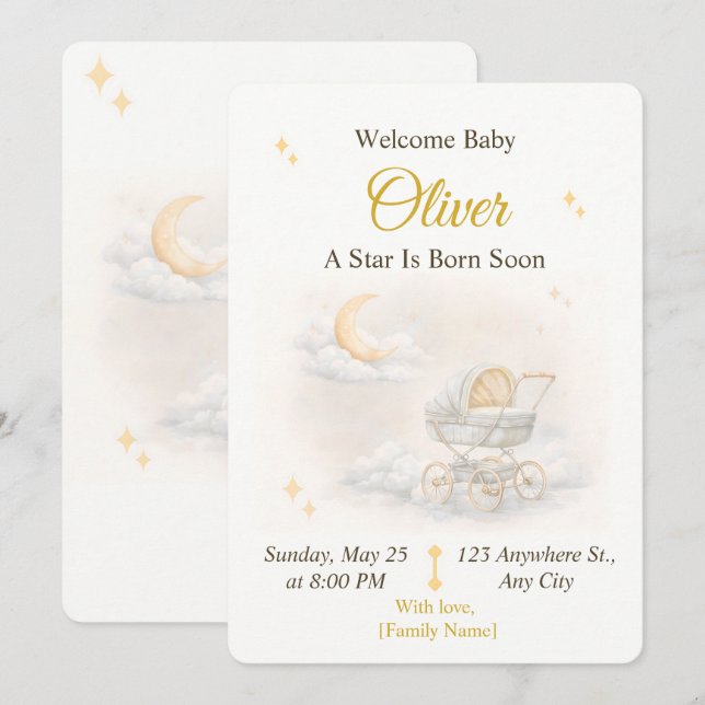 Neutral Moon Baby Shower Invitation Editable Inbjudningar (Fram/baksida)