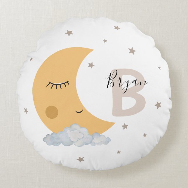 Neutral Moon Nursery Pillow with Custom Name Beige Rund Kudde (Framsidan)