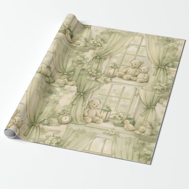 Neutral Nursery Teddy Bear Room Beige Pattern (2) Presentpapper (Utrullad)