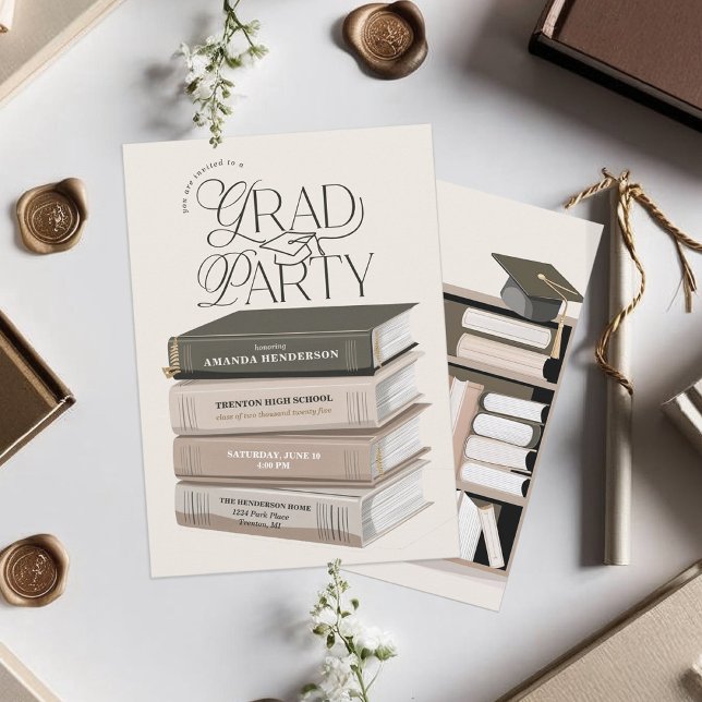 Neutral och Mjuk Bokstapel Gradfest Inbjudningar (Elegant Book Stack Grad Party Invitation. Grad Party Invitation for English Major. )